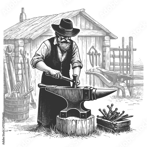 blacksmith hammering metal on an anvil outside a workshop surrounded by tools and equipment sketch engraving generative ai fictional character vector illustration. Scratch board. Black and white image