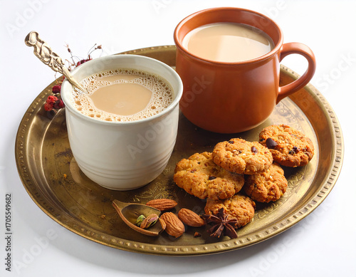 Chai with snack and tray on white background