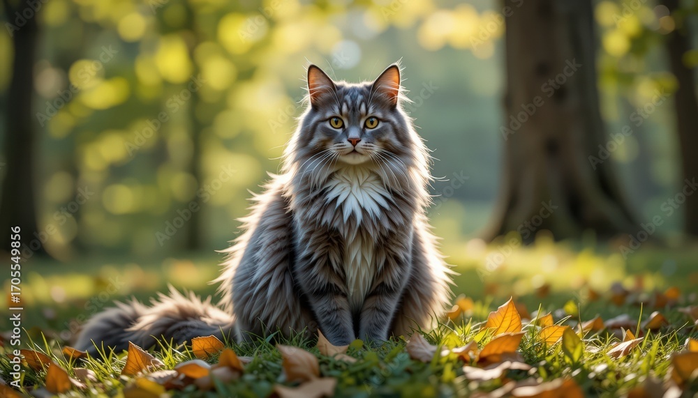 Fototapeta premium Majestic Maine Coon Cat in Autumn Sunlight