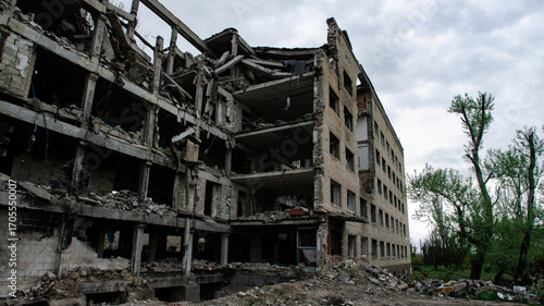 ruined street and destroyed houses the city Kiev war in Ukraine