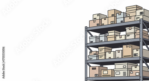 Warehouse Shelving System With Cardboard Boxes On White Background