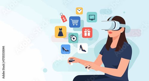 Woman Experiencing Virtual Reality Shopping Simulation With Headset