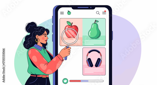 Woman Using Mobile App For Shopping, Fruit Offers And Headphones