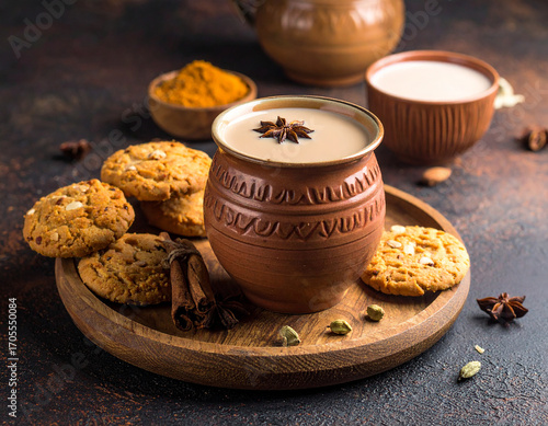 Chai with snack and tray on white background