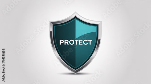A shiny blue and silver shield with the word protect on it, symbolizing security, safety, and defense against threats and risks