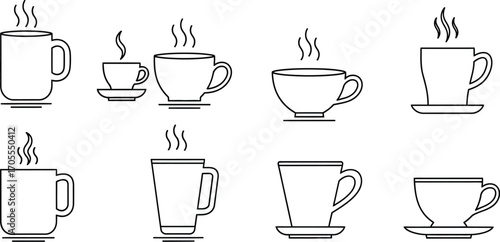 Collection of steaming hot beverage cups in various styles