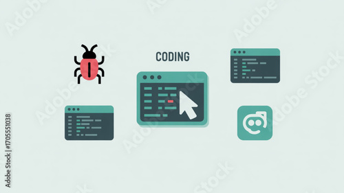 Coding and debugging concept illustration with bug, code windows, and cursor, symbolizing software development and problemsolving process