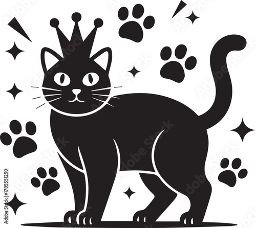 Playful Celebrity Cat Silhouette  Paw Prints, Cameras & Stars Line Art