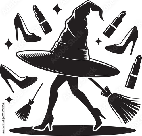 witch hat walking runway halloween sticker line art vector