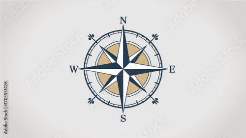 Classic compass rose with cardinal directions, symbolizing guidance, navigation, and exploration on a light background