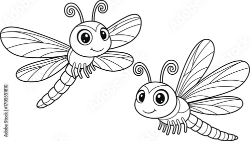 Two cute cartoon dragonflies with big eyes and curly antennae flying joyfully together.