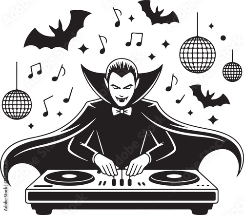 Halloween Vampire Disc Jockey Silhouette  Bats, Music Notes & Disco Balls Line Art