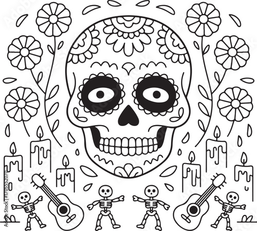 day of the dead sugar skull vector line art