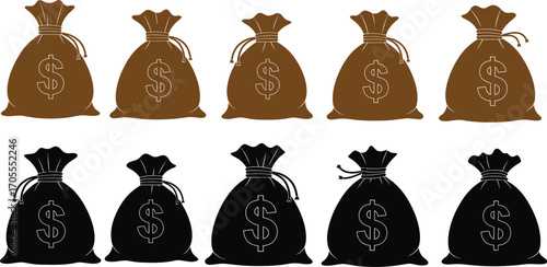 Ten money bags with dollar signs, five brown and five black, arranged in two rows.