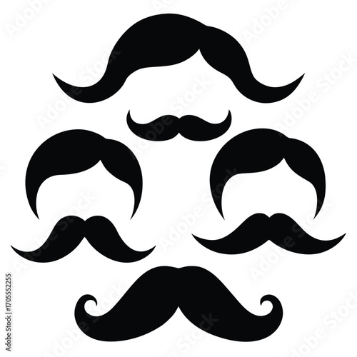 Assortment of black silhouette mustaches and hairstyles arranged on a white background moustache