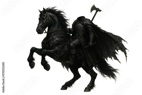 Headless horseman on a black horse with an axe on a transparent background. Mysticism. Halloween. Legends.
