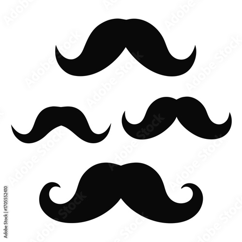 Assortment of black silhouette mustaches in different sizes and styles on a white background moustache