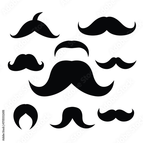 Assortment of Eight Black Mustache and Hair Silhouettes on a White Background moustache facial hair