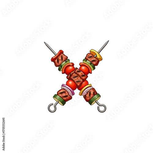 Crossed grilled shish kebab on skewers stick icon flat vector design.