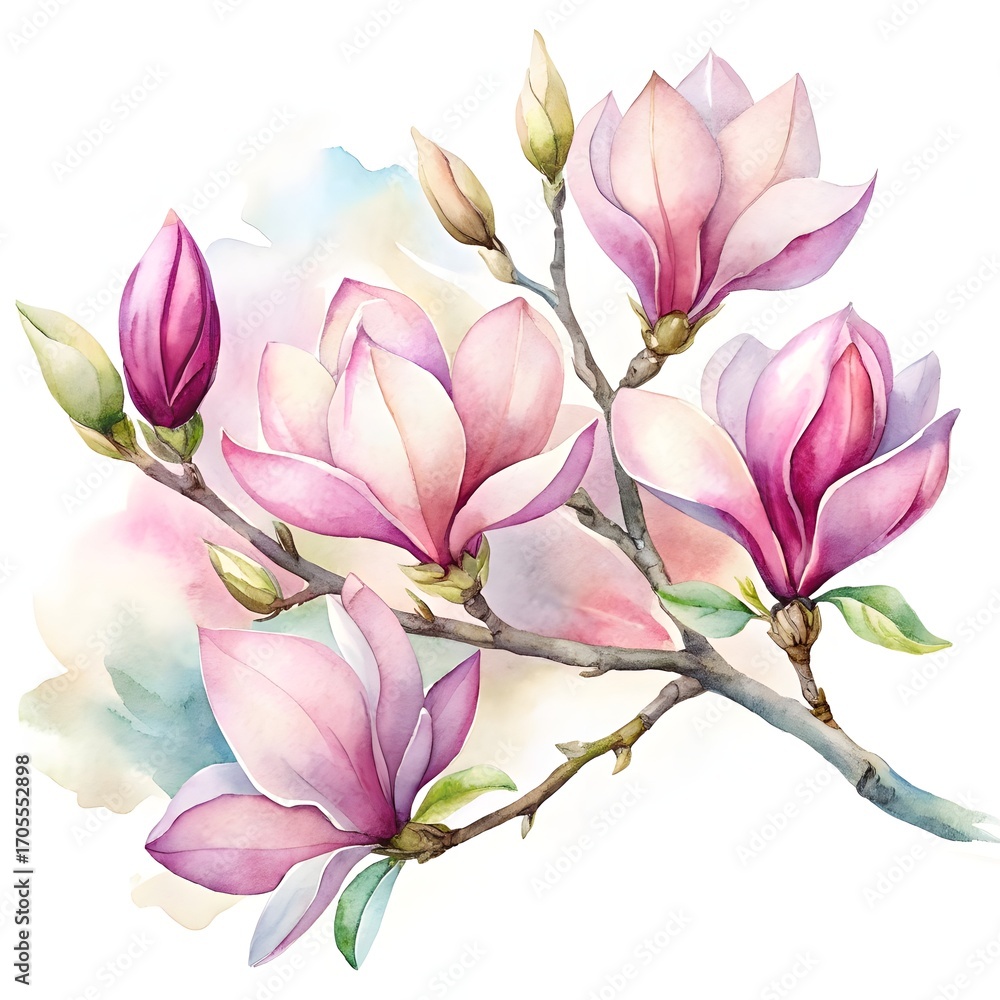 Obraz premium A delicate branch of blooming pink magnolia flowers. Elegant spring and floral beauty concept. A beautiful watercolor botanical illustration with a soft artistic background.