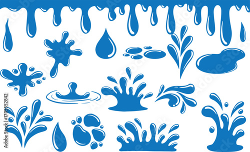 Water Splash Vector Set – Drop, Drip, Liquid, Blue, Flow, Fresh, Clean, Aqua, Moisture, Transparent, Nature, Wave, Fluid, Wet, Element, Symbol, Decorative, Illustration