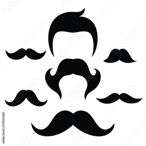 Black silhouette of a man's head with a large mustache surrounded by six different mustache styles on a white background