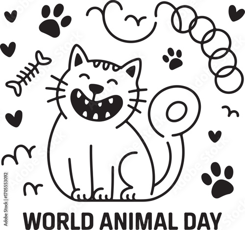 playful stroke-only cat paw prints fish bones vector