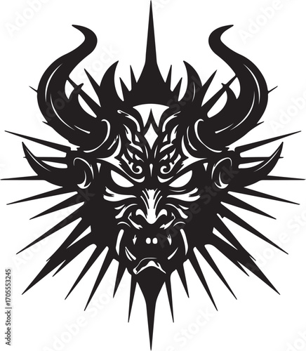 Dark Demon Head with Horns and Spiky Rays devil monster