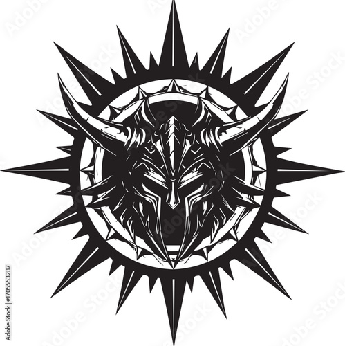 Dark warrior helmet with spiky sunburst emblem horns