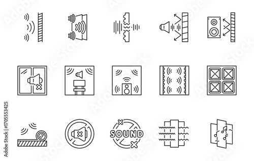 Set of Soundproofing icon, Soundproofing Windows and roof, wall Insulation and floor covering thin line and pixel Symbol Outline icon Editable Stroke