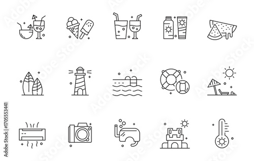 Set of Summer icon, Travel and holiday, beach thin line and pixel Symbol Outline icon Editable Stroke
