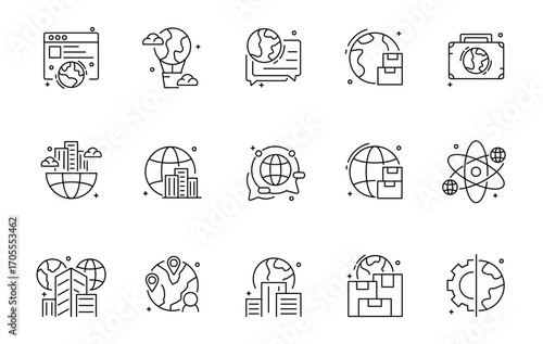Set of Global Business icon, Global market, Startup thin line and pixel Symbol Outline icon Editable Stroke