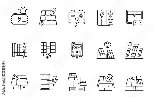 Set of Solar panels icon. solar energy, battery system thin line and pixel Symbol Outline icon Editable Stroke