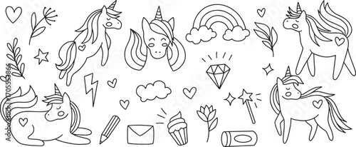 Unicorn Rainbow Vector Set – Magical, Cute, Fantasy, Clouds, Stars, Diamond, Heart, Symbol, Cartoon, Fairytale, Mythical, Child, Magic, Illustration, Animal, Dream, Imagination, Decorative
