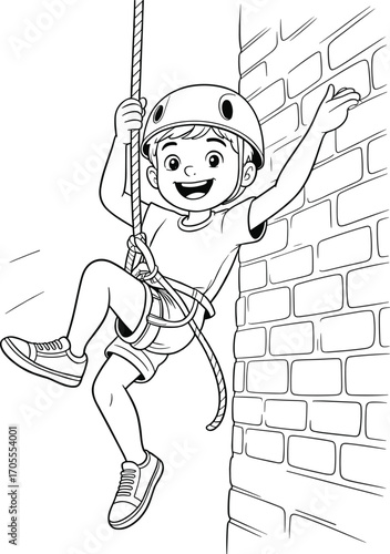 Smiling young boy rock climbing on wall, wearing helmet and harness, cartoon line art for coloring book, outdoor adventure sport for kids
