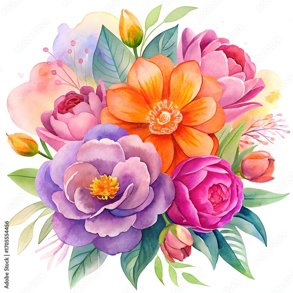 Obraz premium A vibrant watercolor bouquet of colorful spring flowers. Cheerful floral arrangement for celebration cards. An artistic painting of peonies and roses in pink, purple, and orange.
