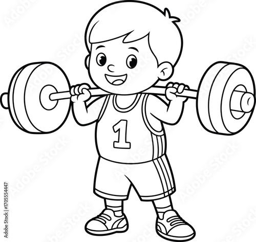 Cute young boy lifting heavy barbell weights, cartoon child exercising with strength training, happy kid doing fitness workout, black and white line drawing illustration