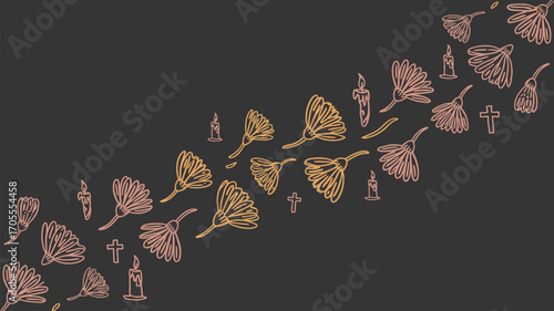 A pattern of flowers candles and crosses scattered on a dark background in a diagonal arrangement
