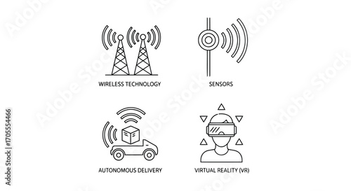 Vector illustration of four icons illustrating wireless technology, sensors, autonomous delivery, and virtual reality vr