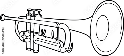 Black and white line art of trumpet musical instrument, detailed brass trumpet drawing, wind instrument illustration for music education or coloring book pages