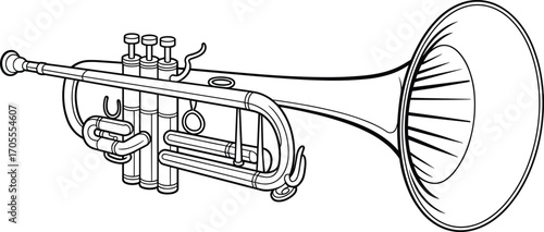 Detailed black and white trumpet illustration, musical instrument outline drawing, jazz band equipment, brass wind instrument, classic trumpet design for music education or coloring pages