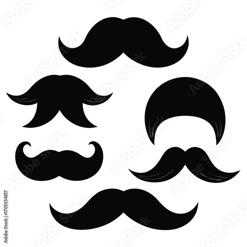 Collection of Five Black Mustache Silhouettes in Various Styles on a White Background moustache