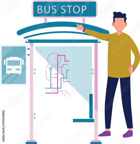Boy pointing on bus stop board