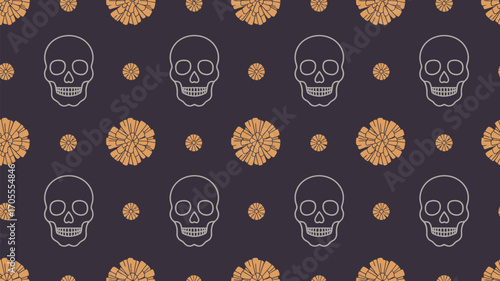Seamless pattern featuring skulls and flowers on a dark background, arranged in a repeating design