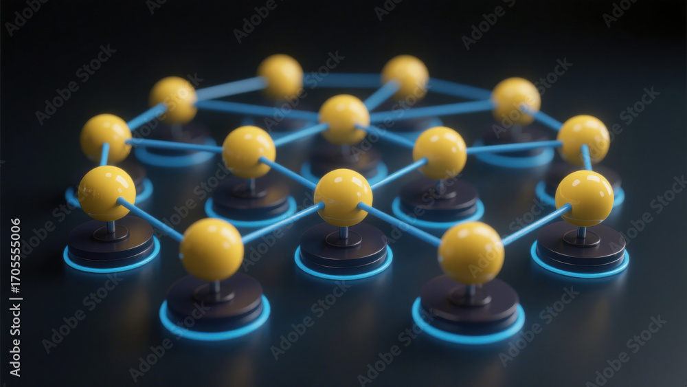 Obraz premium Geometric network with yellow spheres at hexagonal nodes connected by blue lines - showcasing orderly connectivity and stark color contrast on dark background.