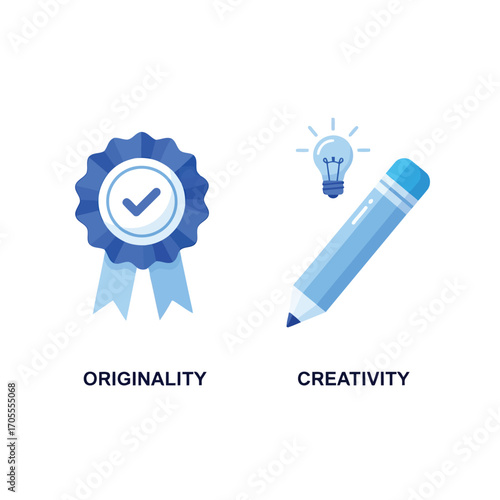 Vector illustration of originality and creativity concept with a blue ribbon award and a pencil with a light bulb