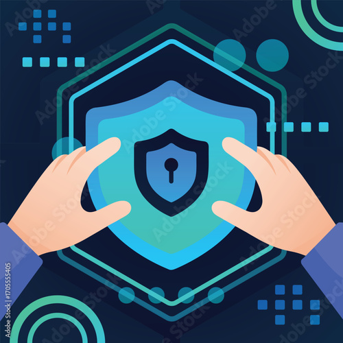 Creative flat illustration representing online privacy and safety with abstract big shield and cyber lock details