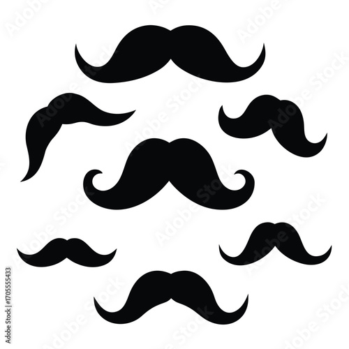 Collection of seven diverse black mustache silhouettes arranged in a circular pattern on a white background