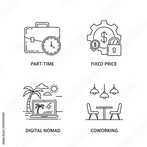 Vector illustration of collection of four icons representing parttime work, fixed price, digital nomad lifestyle, and coworking space