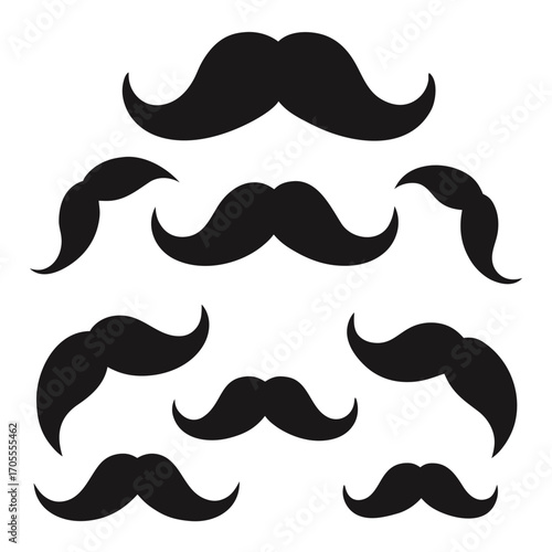 Collection of various black silhouette mustache styles arranged in a scattered pattern on a white background